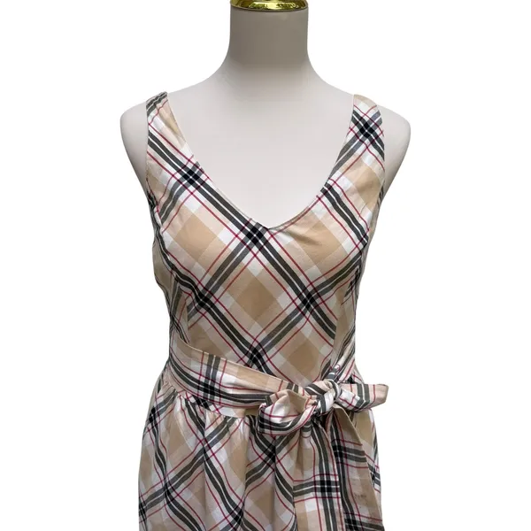 Hope & Henry Plaid Midi Dress 10 Tan‎ Organic Cotton Belted V-Neck A Line - Image 2
