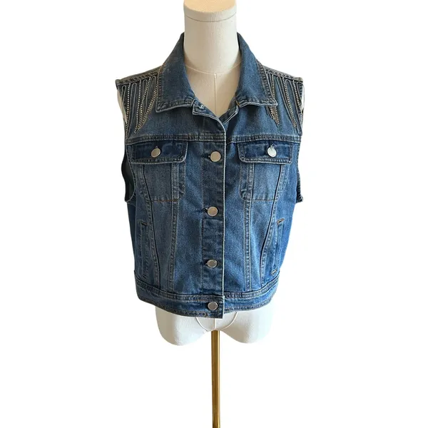 Denim BLVD LA Jean vest fringe rhinestones western cowgirl Large classic rodeo - Image 2