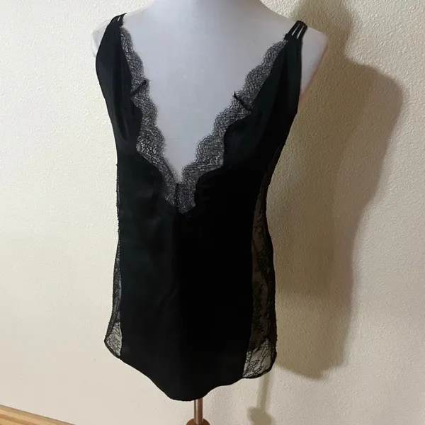 Victoria’s Secret VS black satin plunge V neck lace panel slip dress SMALL - Image 6