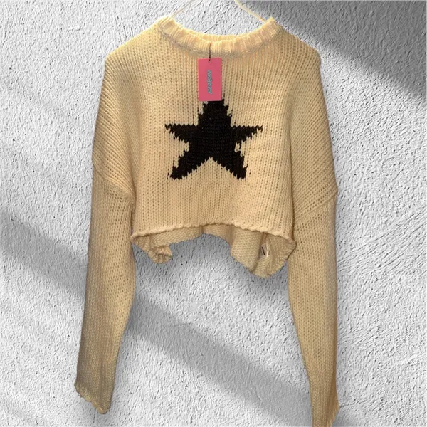 Edikted Cream Cropped Knit Sweater with Black Star - Image 3