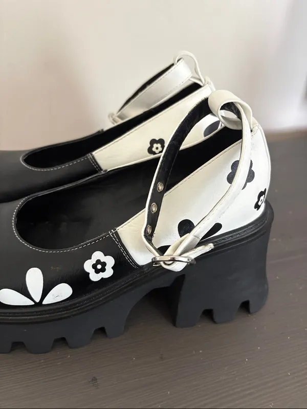Lamoda Platform Mary Jane Y2K Heels Black White Floral Chunky Lug Sole Size 8 - Image 8
