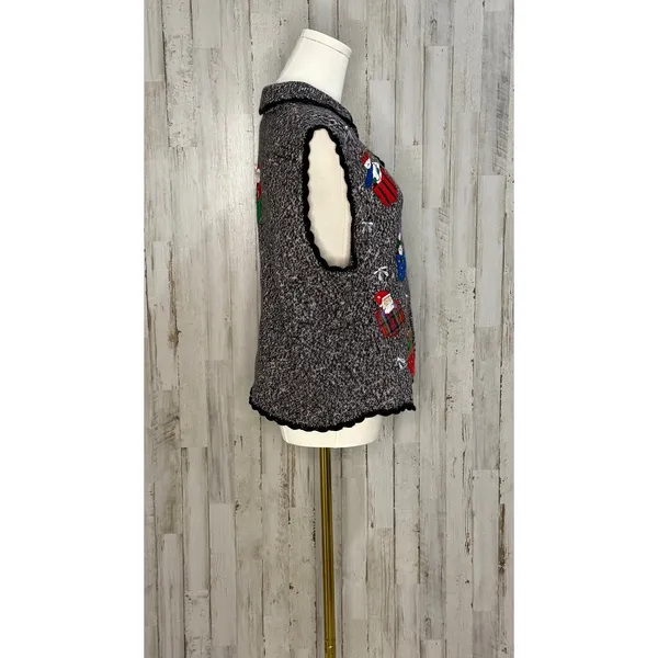 Erika Vintage Christmas Sweater Vest Women's Large Gray Snowman‎ & Santa Design - Image 2