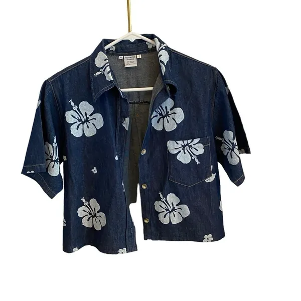 palmwave hawaii denim island tropical shirt hibiscus print vacation Coastal - Image 5