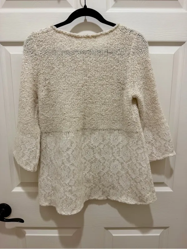 Anthropologie Knitted & Knotted Lace Hem High-Low Knit Sweater Cream Size S - Image 3