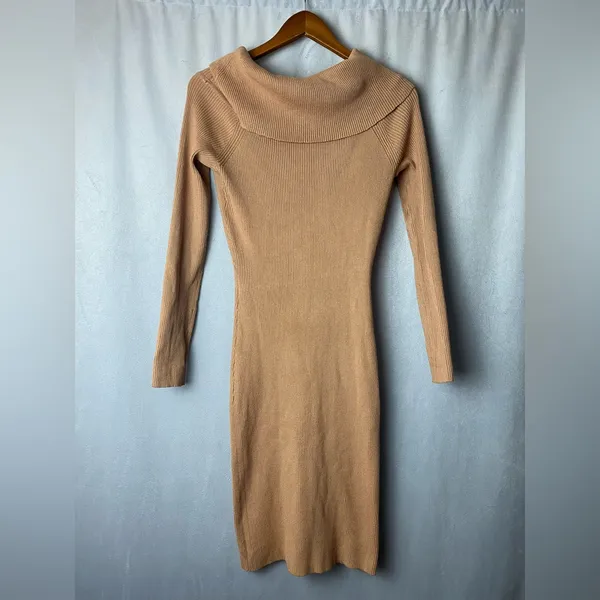 Almost Famous Camel Ribbed Turtleneck Fall Fitted Quiet Luxury Bodycon Dress L - Image 2