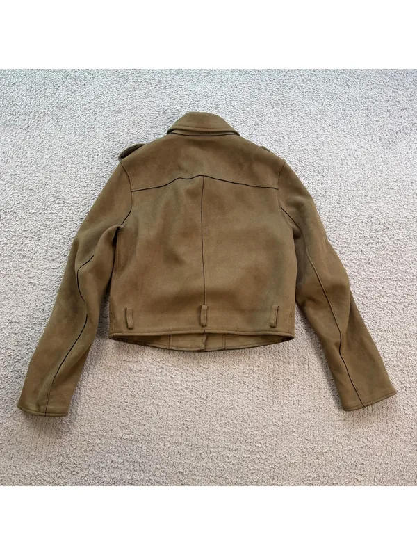 Zara Basic Brown Faux Suede Cropped Moto Biker Jacket Womens S Asymmetrical Zip - Image 2