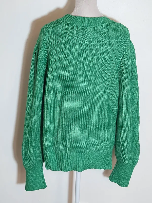 Crown and Ivy Green Relaxed Fit Cable Knit Puffy Sleeve Sweater Size Large - Image 3