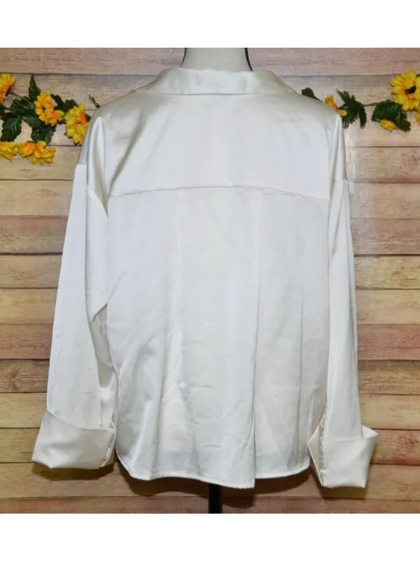 Sanctuary Ivory Button Front Collared Silky Blouse Top Size L V-Neck Career - Image 6