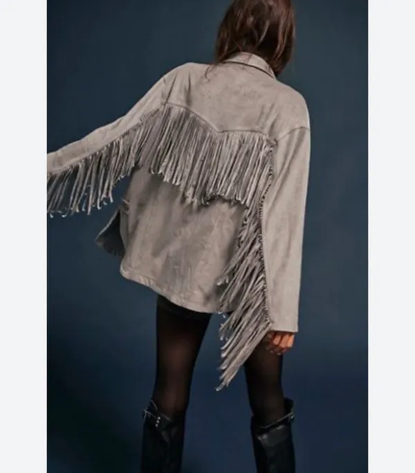 Free People Fringe Out Vegan Suede Jacket Gray Size XL NEW - Image 2