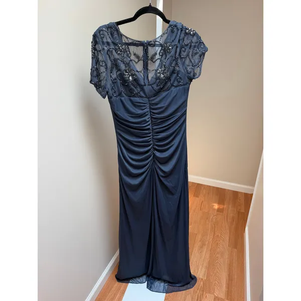Xscape Carmen 5497X Gown Size 10 Charcoal Blue Beaded Mesh Ruched Formal NWT - Image 6