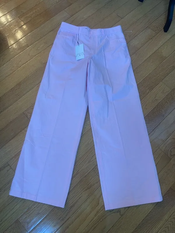 ZARA Pink High Waisted Wide Straight Leg Cotton Pants Pastel Barbiecore NWT Sz M - Image 3