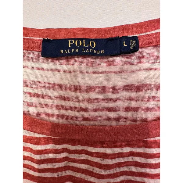 Polo Ralph Lauren Red Cream Stripe Linen 3/4 Sleeve Boat Neck Shirt Size Large‎ - Image 4