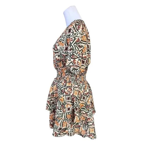 Zara AOP Ikat Print Tiered Elastic Waist Dress Tan Green Tribal MEDIUM Boho Chic - Image 3