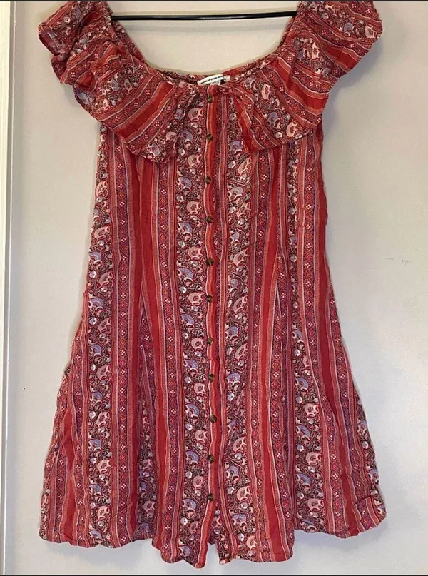American Eagle Boho Dress Ruffle Off The Shoulder Rose Pink Button Front - Image 2