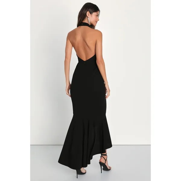 NWT Lulus Elegant Grace Black Tiered Halter High-Low Maxi Dress Backless Gala M - Image 3