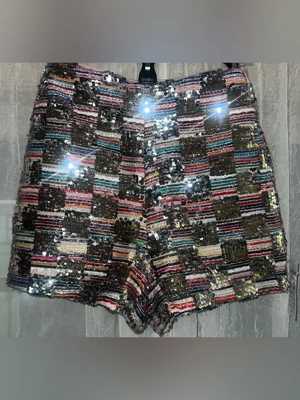 NWT Unique Rainbow Sequin And Tweed Hi Rise Shorts from Main Strip size small - Image 3
