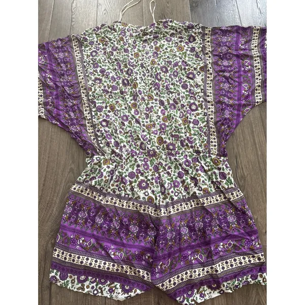 Umgee Womens 1XL Purple Floral Boho Kimono Sleeve Romper Surplice V-Neck - Image 5