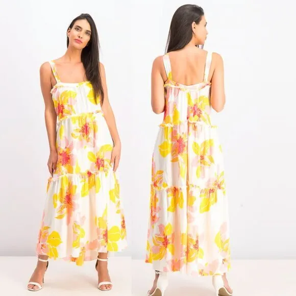 Free People‎ Women's Moonshine Linen Blend Floral Midi Dress Neutral Boho Size M - Image 10