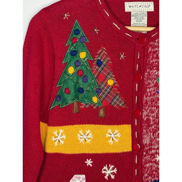 Vintage White Stag Christmas Cardigan Sweater Small‎ Red Holiday Snowman Tree - Image 2