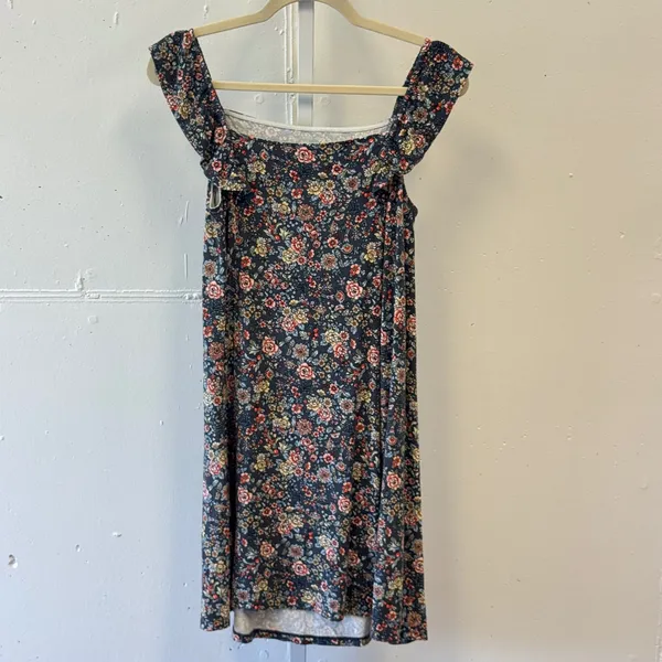 LOFT Floral Ruffle Strap Square Neck Mini Dress Black Multicolor Small Boho Soft - Image 2
