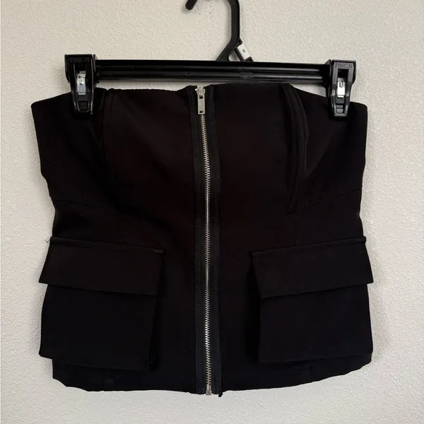 Black Strapless Corset Top Bustier w/ Front Zipper & Utility Pockets size small - Image 2