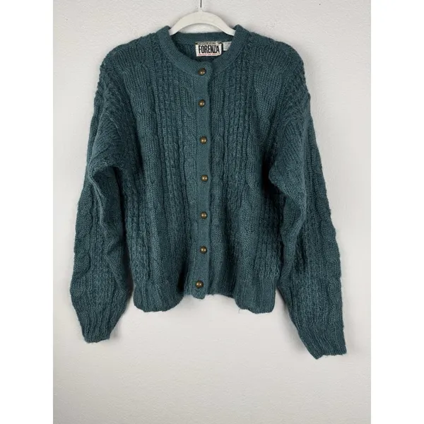 Vtg Forenza Mohair Wool Women's‎ M Teal Button Up Cable Knit Sweater Preppy 80's - Image 8