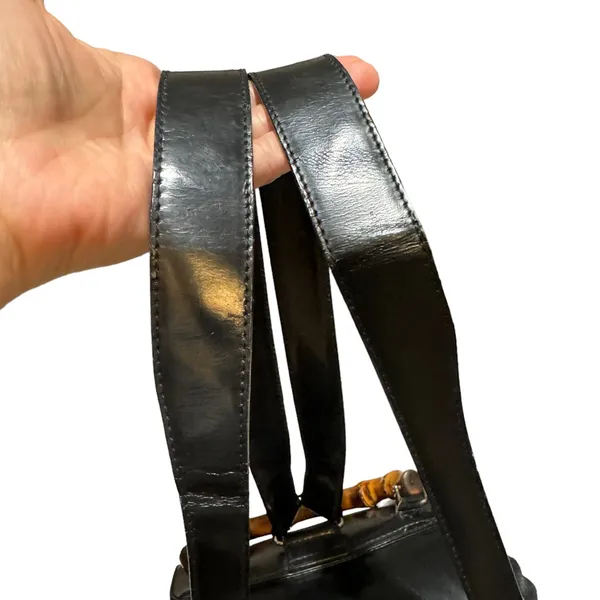 GUCCI Vintage Bamboo Patent Leather/Canvas Backpack Black with Dust Bag - Image 15