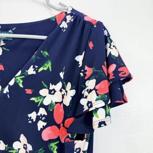 Ralph Lauren Blue Coral Floral Flutter Sleeve Stretch Sheath Dress Size 14 - Image 5