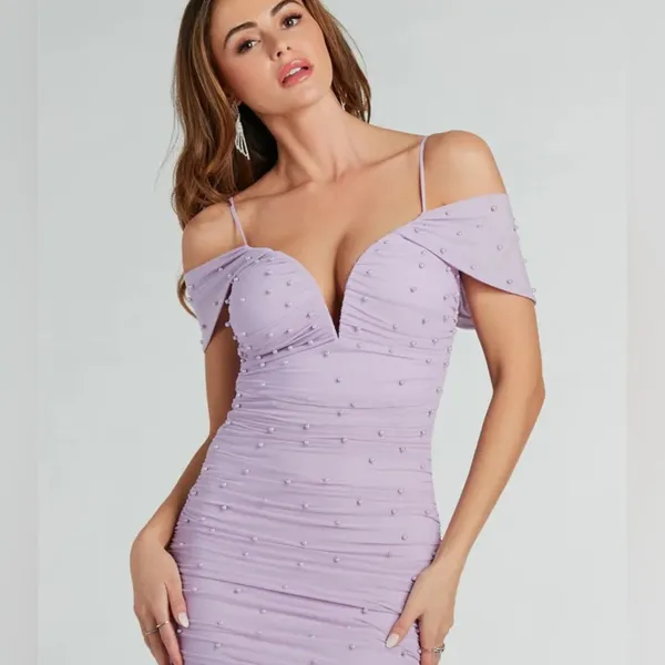 Windsor Lavender Pearl Bodycon Midi Dress NWT XS Bridesmaid Prom Formal - Image 2