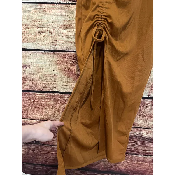 Free People Maxi Dress Bodycon Cinch Tie Slit Rust Orange Minimalist Fall Small - Image 2