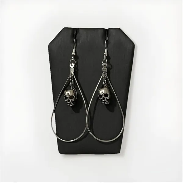 Handmade Gothic Skull Teardrop Hoop Earrings Silver Dangle Punk Halloween Emo - Image 6