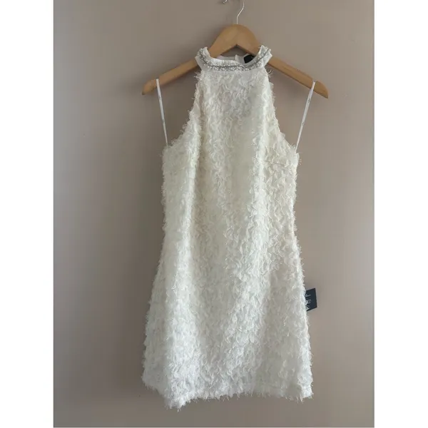 Lulus Absolutely Luxe Cream Textured Pearl Halter Mini Dress Size Medium Bridal - Image 4
