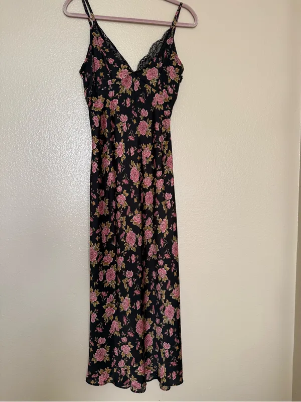 Zara Black Rose Floral Satin Maxi Slip Dress XS Lace Trim Dark Coquette Y2K - Image 2