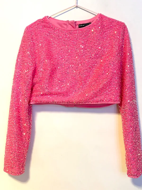 SHEIN Sequin High Neck Long Sleeve Crop Top Glitter Bright Hot Pink Womens Large - Image 2