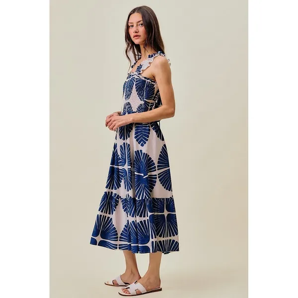 SO ME Abstract Print Smocked Bodice Tiered Lined Midi Dress - Navy - Large - Image 7
