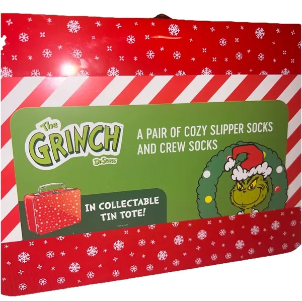 Dr. Seuss Grinch Slipper &‎ Crew Socks Gift Set Tin Holiday NWT - Image 9