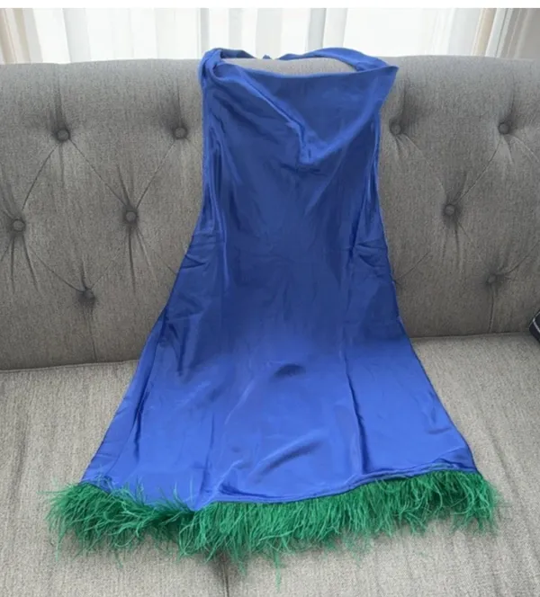 Weworewhat Blue Satin And green Feather Dress - Image 2