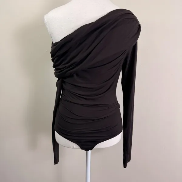 Agolde Kira Bodysuit Black Brown Ruched One Shoulder Long Sleeve Modal Top XS - Image 7