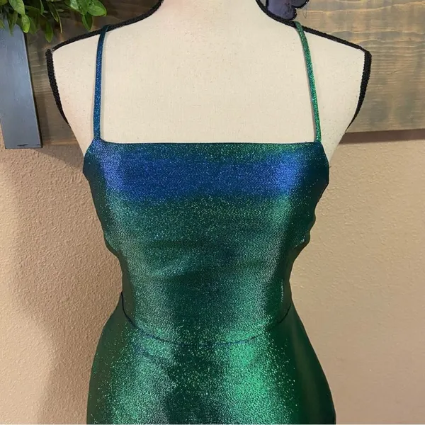NWOT Lulus Impressive Confidence Shiny Green and Blue Lace-Up Mini Dress - Image 3