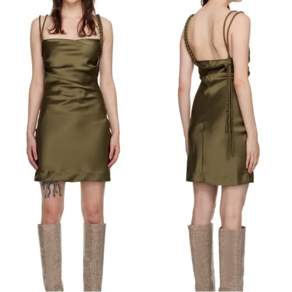 House Of Harlow 1960 x Revolve Black Satin Braided Strap Slip Mini Dress M $210 - Image 3