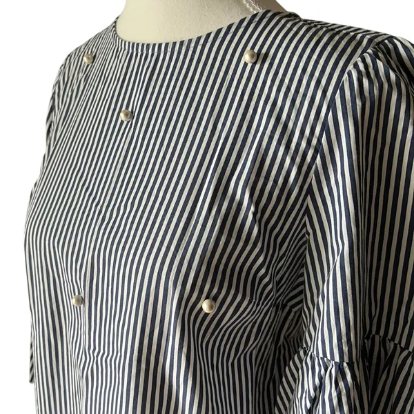 Zara Navy and White Striped Blouse Poplin Bell Sleeves Pearl Accent 3/4 Sleeves‎ - Image 3
