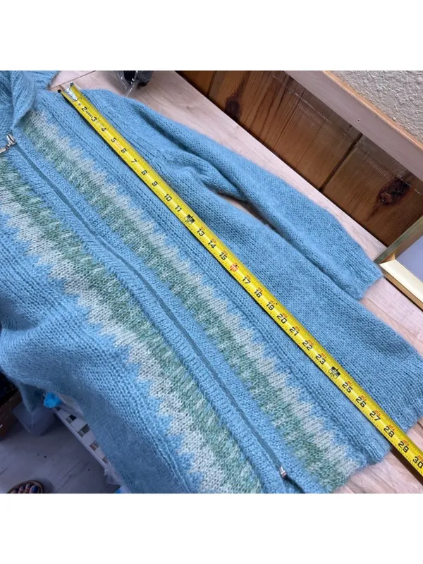 Margaret OLeary Cardigan Sweater Kid Mohair Blend Zip Front Blue Green Size 2 - Image 11