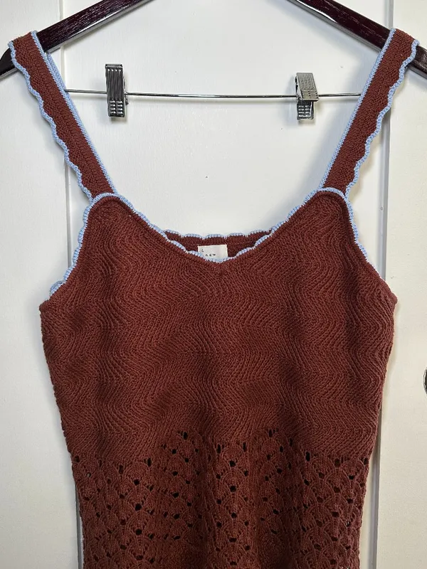 A New Day Crochet Knit Tank Top Brown Blue Trim Camisole XL NWOT - Image 7