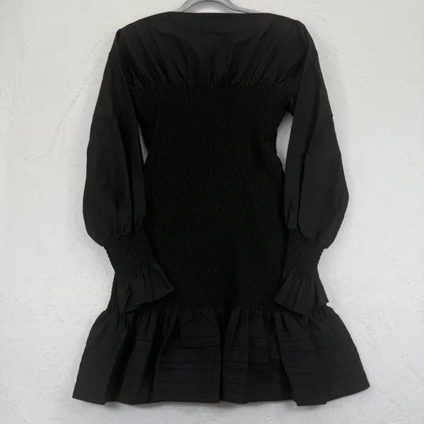 Derek Lam 10 Crosby Mini Dress Size 6‎ Black Long Sleeve Smocked Ruffle Cotton - Image 9