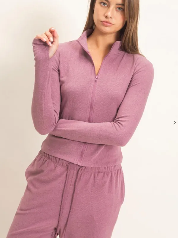 Dusty Mauve Plum Zip Up Top Wide Leg Pants Set Medium - Image 4