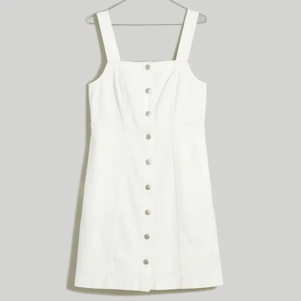Madewell Denim Square-Neck Sleeveless Mini Dress in Tile White Size 16 - Image 4