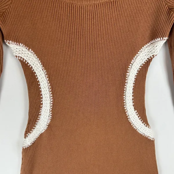 Mon Renn Brown Ribbed‎ Knit Mini Dress Long Sleeve Crochet Trim Detail Small - Image 7