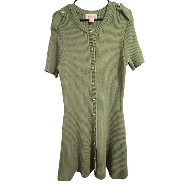French Connection‎ Green Ribbed Knit Button Front Short Sleeve Fit Flare Dress - Image 2
