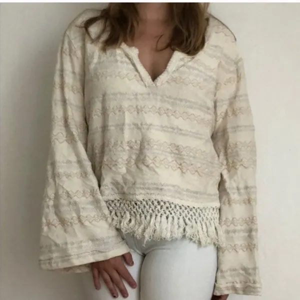 Free People Fringed Chunky Knit Embroidered Sweater Sz Large Flare Sleeves‎ - Image 3