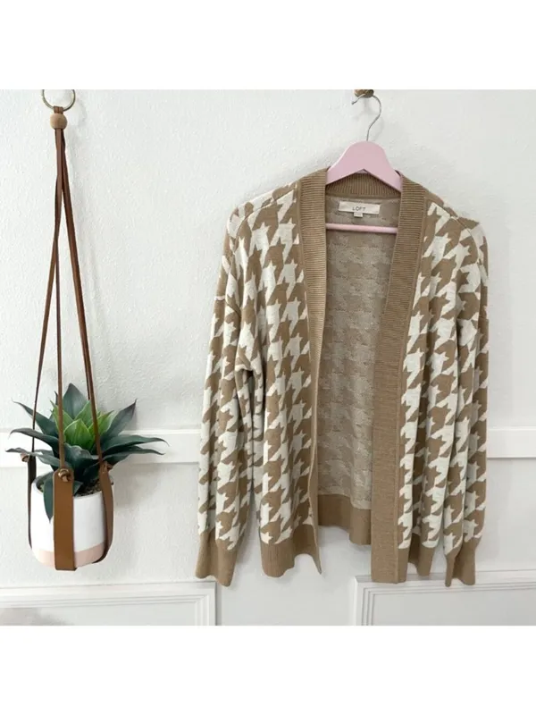 LOFT Tan Open Front Houndstooth Long Sleeve Sweater Size M Old Money Chic Preppy - Image 2